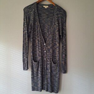 Monsoon Women Buttons Up Long Cardigan Blue & Gray Size‎ 4 V-Neck Pockets